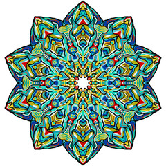 Detailed star mandala transparent background, Vector, blue red green