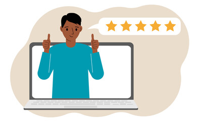 User reviews. Laptop with a man with thumbs up. Customer Review, Online Review, Star Rating, Feedback. Rating bubble.