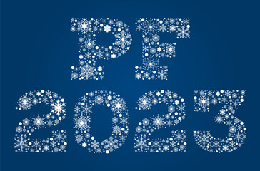 Inscription PF 2023 from white snowflakes on blue background