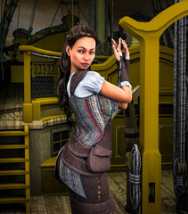 giovane donna capitano di antico vascello di pirati