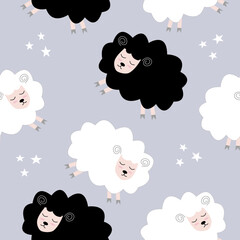 Seamless pattern with cute sheep and lambs. Loop pattern for fabric, textile, wallpaper, posters, gift wrapping paper, napkins, tablecloths. Print for kids. Children's pattern vector illustration.