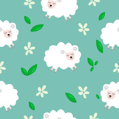 Seamless pattern with cute sheep and lambs. Loop pattern for fabric, textile, wallpaper, posters, gift wrapping paper, napkins, tablecloths. Print for kids. Children's pattern vector illustration.