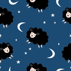 Seamless pattern with cute sheep and lambs. Loop pattern for fabric, textile, wallpaper, posters, gift wrapping paper, napkins, tablecloths. Print for kids. Children's pattern vector illustration.