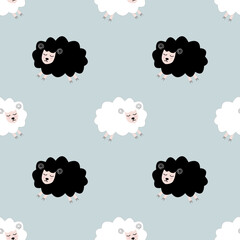 Seamless pattern with cute sheep and lambs. Loop pattern for fabric, textile, wallpaper, posters, gift wrapping paper, napkins, tablecloths. Print for kids. Children's pattern vector illustration.