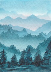 Watercolor illustration. Mountains landscape with misty mountains and coniferous forest