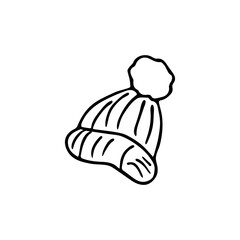 Doodle autumn knitted hat with pompoun, hand drawn warm clothes for winter cold weather, seasonal accesories.Sketch,freehand minimalistic design, child drawing.Isolated.Vector illustration