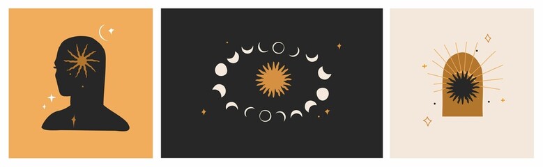 Hand drawn vector abstract stock flat graphic illustrations set with logo element,bohemian astrology magic art of galaxy space,crescent moon,stars,sun and human silhouette,simple style for branding.