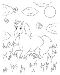 A cheerful unicorn jumps on the grass. Coloring book page for kids. Cartoon style character. Vector illustration isolated on white background.