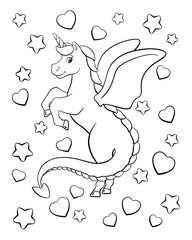Magic unicorn. Fairy horse. Coloring book page for kids. Cartoon style character. Vector illustration isolated on white background.
