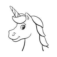 Coloring page for kids head unicorn. Digital stamp. Cartoon style character. Vector illustration isolated on white background.