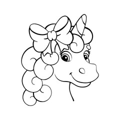Coloring page for kids head unicorn. Digital stamp. Cartoon style character. Vector illustration isolated on white background.