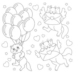 Loving cats. Coloring book page for kids. Valentine's Day. Cartoon style character. Vector illustration isolated on white background.