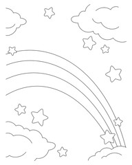Scene with rainbow, cloud and stars. Coloring book page for kids. Cartoon style character. Vector illustration isolated on white background. © PlatypusMi86
