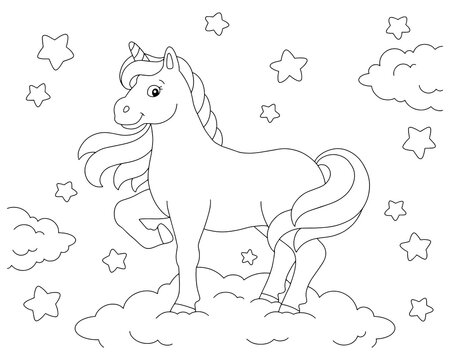 Magic unicorn. Fairy horse. Coloring book page for kids. Cartoon style character. Vector illustration isolated on white background.