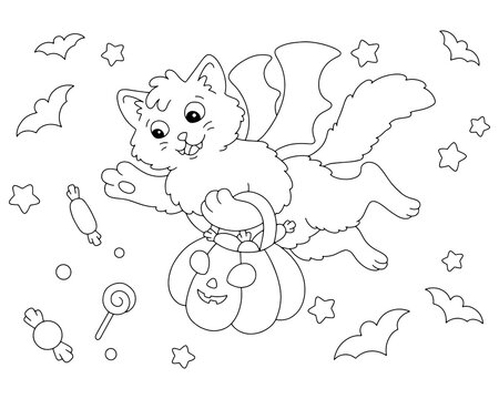 A cute cat carries a pumpkin with sweets in its paws. Halloween theme. Coloring book page for kids. Cartoon style character. Vector illustration isolated on white background.