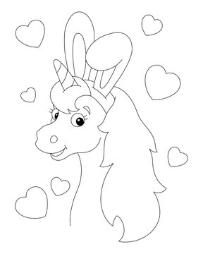 Magic unicorn head with bunny ears. Fairy horse. Coloring book page for kids. Cartoon style character. Vector illustration isolated on white background.