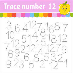 Obraz premium Trace number . Handwriting practice. Learning numbers for kids. Education developing worksheet. Activity page. Game for toddlers and preschoolers. Isolated vector illustration in cute cartoon style.