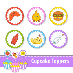 Cupcake Toppers. Set of six round pictures. Barbecue theme. cartoon characters. Cute image. For birthday, baby shower.