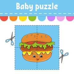 Baby puzzle. Easy level. Flash cards. Cut and play. Color activity worksheet. Game for children. cartoon character.