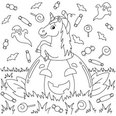 Funny unicorn jumping out of a pumpkin for halloween holiday. Coloring book page for kids. Cartoon style character. Vector illustration isolated on white background.