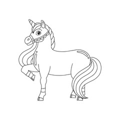 Magic fairy unicorn. Coloring book page for kids. Cartoon style character. Vector illustration isolated on white background.