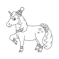 A funny unicorn in a party hat. Cute horse. Coloring book page for kids. Cartoon style. Vector illustration isolated on white background.