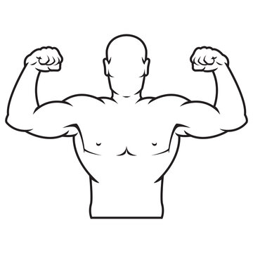 Bodybuilder strong man. Outline silhouette. Design element. Vector illustration isolated on white background. Template for books, stickers, posters, cards, clothes.