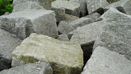 Pile of gray breccia rocks. Volcano rocks.