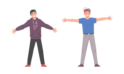 Cheerful Young Man Standing with Wide Open Arms as Welcome and Solidarity Gesture Vector Set