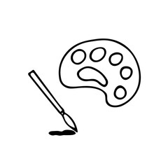 Doodle brush and pallette, hand drawn artist tools. Sketch,freehand minimalistic design, child drawing. Isolated.Vector illustration
