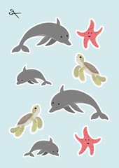 Cute sea animals in cartoon childish style for cut out. Vector illustration with dolphin, turtle, starfish for kids. Game for children.