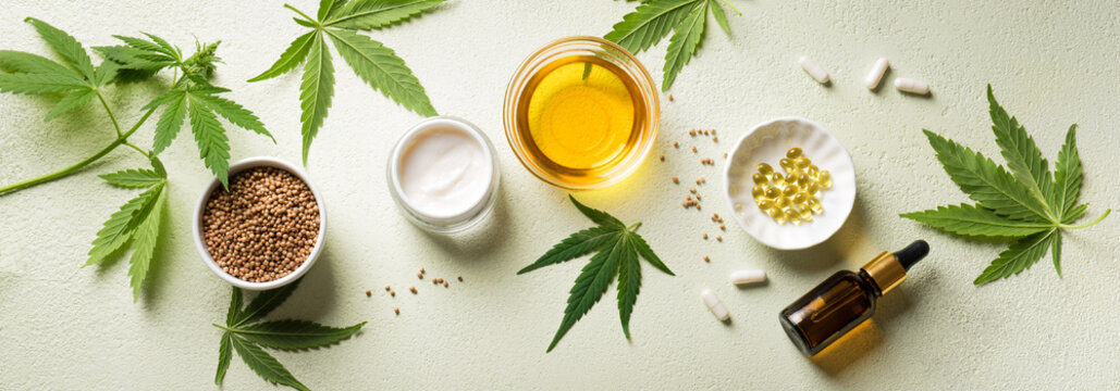 Hemp cannabis leaves, oil and products