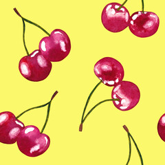 Watercolor seamless pattern with bright cherry berries on a yellow background. For postcards, books, wrapping paper and other stationery.