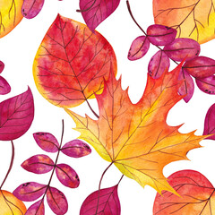 Watercolor seamless pattern with bright autumn leaves. For postcards, books and other stationery.