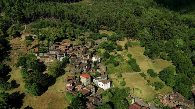 Aerial drone view of Candal, slate stone village, Lousa, Portugal