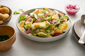 Potato salad with eggs, cucumbers, cabbage and red pickled onions. Delicious healthy summer salad.