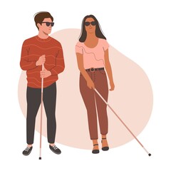 Young Blind people in dark glasses standing with a Cane. People with physical Disability holding Cane. Vision Disability, Eyes Disease. Flat vector illustration.  - obrazy, fototapety, plakaty