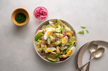 Healthy food. Delicios potato salad with eggs, cucumbers, cabbage and red pickled onions. Delicious healthy summer salad.