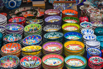 Fototapeta na wymiar Mediterranean style ceramic bowls at Brick Lane Market in London