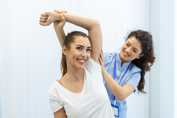 Professional therapists is stretching muscles, patients with abnormal muscular symptoms, physical...