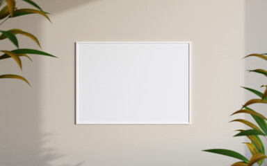 Clean and minimalist front view horizontal white photo or poster frame mockup hanging on the wall with blurry plant. 3d rendering.