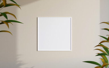 Clean and minimalist front view square white photo or poster frame mockup hanging on the wall with blurry plant. 3d rendering.