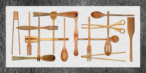 Topview of Set Cooking Wooden Utensils on Gray Background