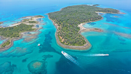 Aerial drone photo of paradise volcanic island complex resembling a blue lagoon archipelago in...