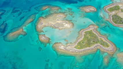 Aerial drone photo of paradise volcanic island complex resembling a blue lagoon archipelago in...