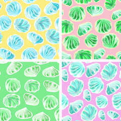 A set of seamless raster backgrounds. Textures of meringue drawings of candy desserts, Confectionery. Stylization of watercolors. For packaging design.