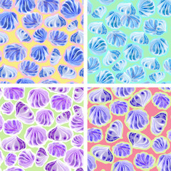 A set of seamless raster backgrounds. Textures of meringue drawings of candy desserts, Confectionery. Stylization of watercolors. For packaging design.