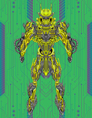Powerful game robot warrior standing with clenched fists illustration