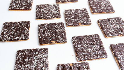 Flat lay crispy coconut chocolate malkist isolated on white background