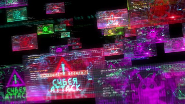 Cyberattack on computer screens. Cyber attack, security breach and russian hacker concept 3d loopable and seamless abstract. Camera flight between displays.